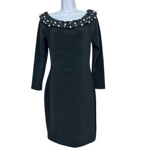 Vtg Cocktail‎ Dress Samir Black S Pearl Accents Off Shoulders Stretch Old Money